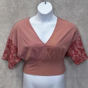 Zara Trafaluc Blouse Womens S Red Cropped Kimono Sleeve Embroidered Striped